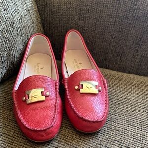 kate spade Cherry Red Leather Loafers with Gold Buckles